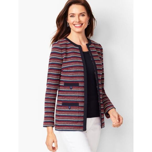 Talbots Boucle Striped Jacket Size Small Petite Tweed Navy Red Preppy Cotton - Picture 1 of 15